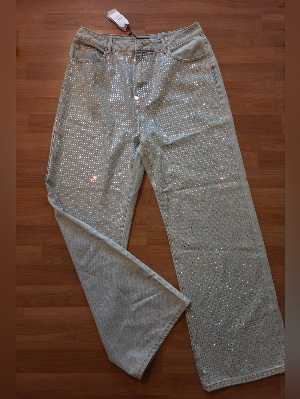 NWT Nasty Gal Crystal Studded Wide Leg Loose Fit Jeans 12